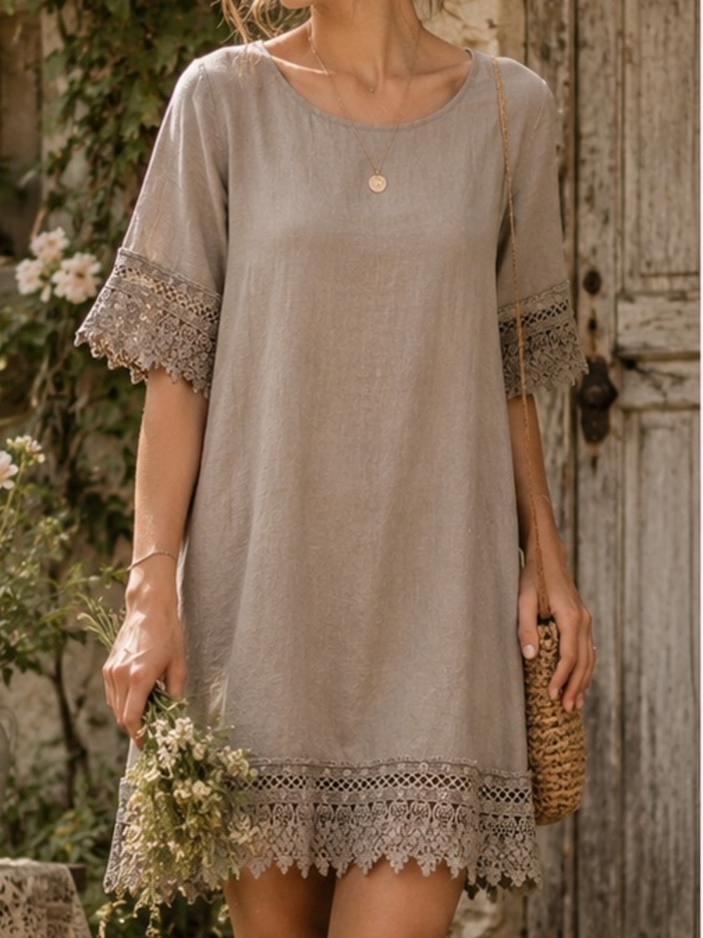 ROSEMARINE 100% Linen Made In Italy Crochet Lace Coastal Boho Midi Dress Size S